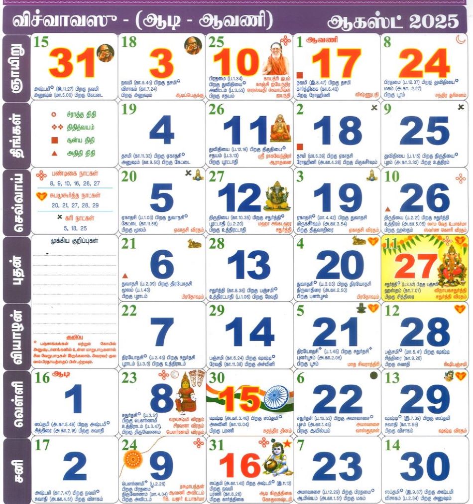 ஆகஸ்ட் 2025 தமிழ் மாதம் காலண்டர்